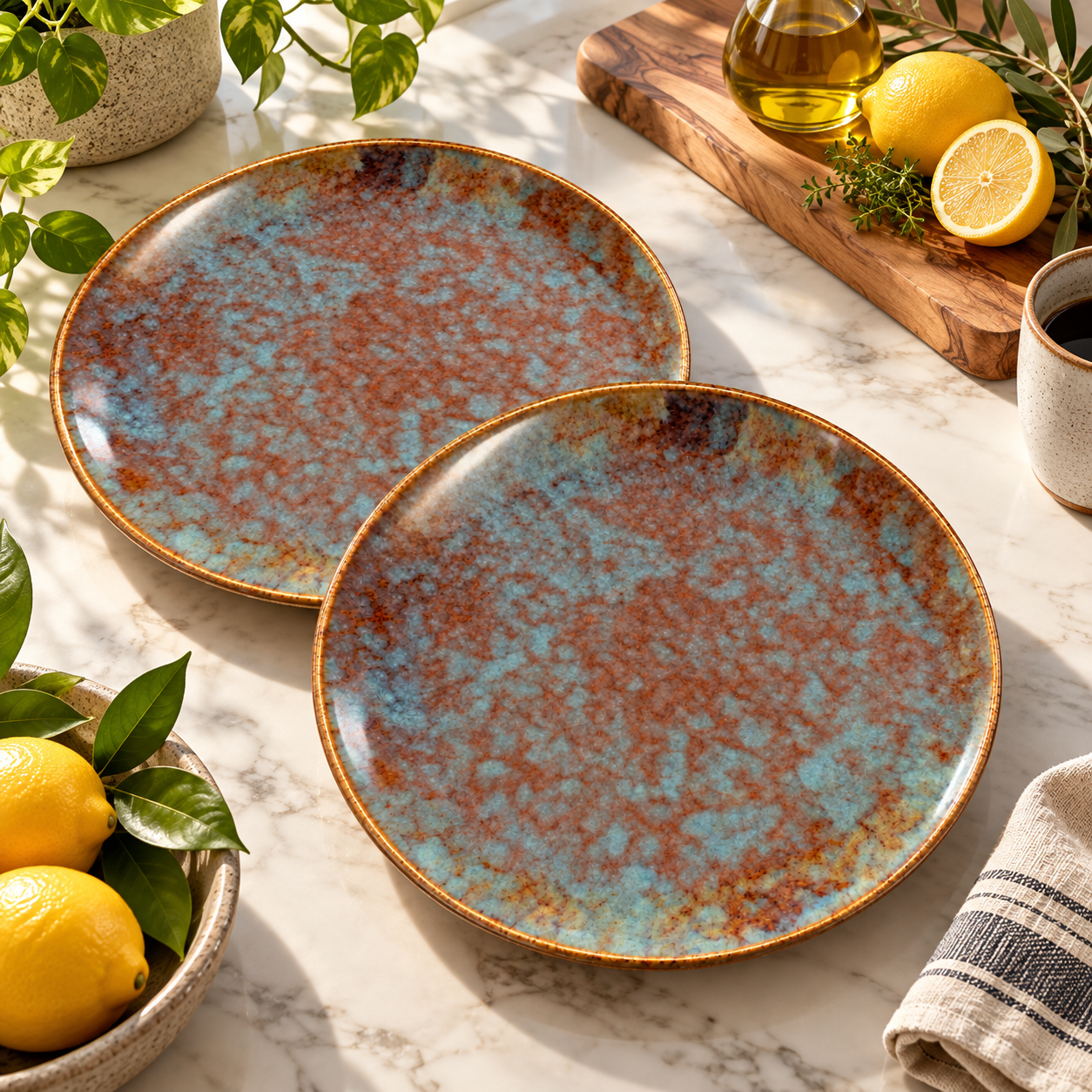 Kunhar Ceramic Quarter Plates Set of 2, 7 Inch | Ocean Teal Reactive Glaze with Dark Brown Rim | Premium Glazed Stoneware | Microwave & Dishwasher Safe - Image 4