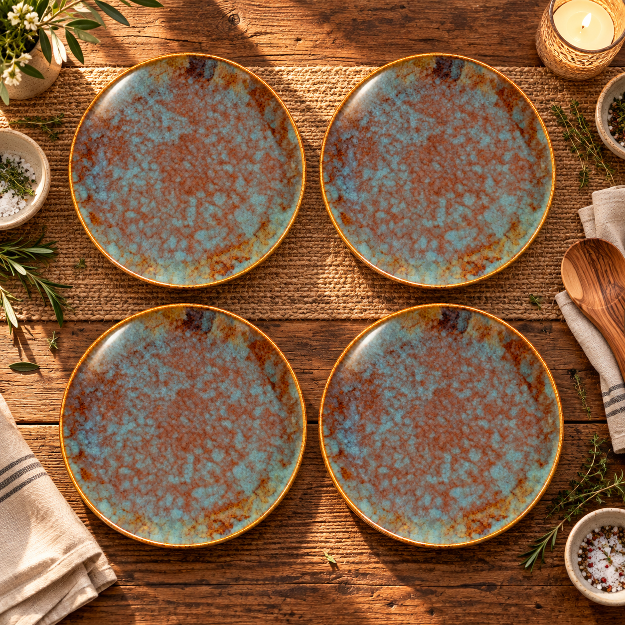 Kunhar Deep Pasta Plates Set of 4, 7 Inch | Ocean Teal Reactive Glaze with Dark Brown Rim | Premium Stoneware | Microwave & Dishwasher Safe | Deep Serving Plates for Pasta, Salad & Dinner