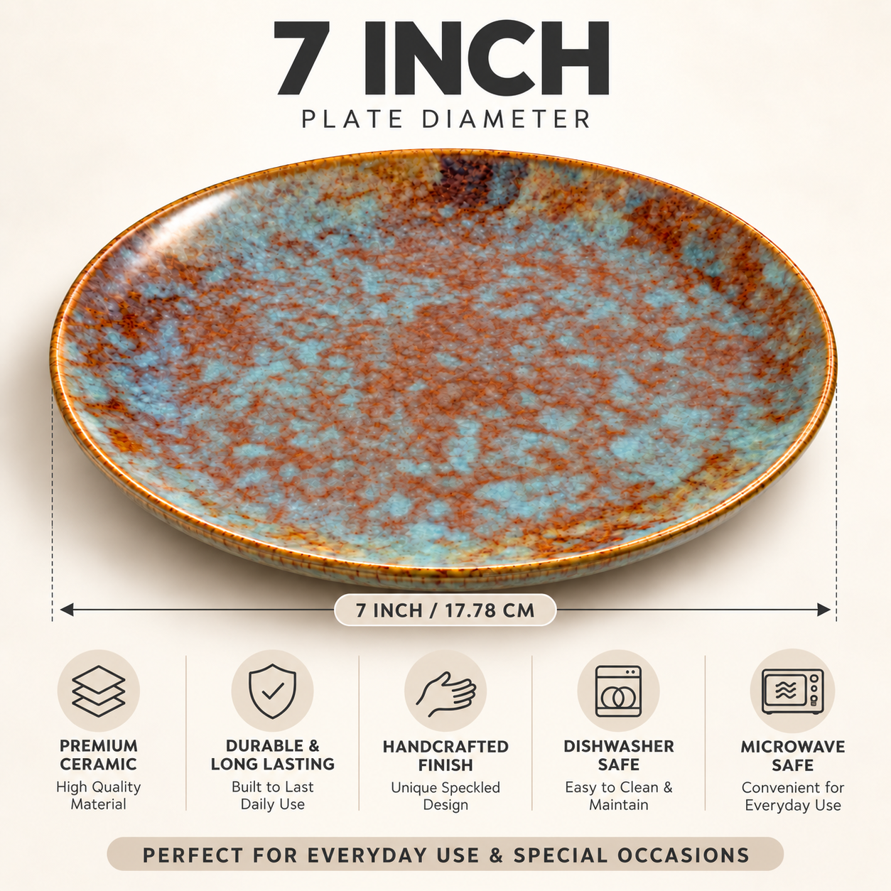 Kunhar Ceramic Quarter Plates Set of 2, 7 Inch | Ocean Teal Reactive Glaze with Dark Brown Rim | Premium Glazed Stoneware | Microwave & Dishwasher Safe - Image 6