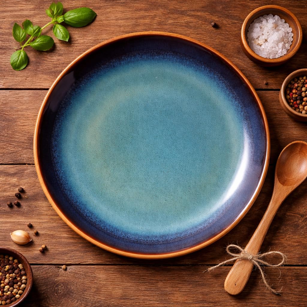 Kunhar Ceramic Dinner Plate 10 Inch | Blue Green Rustic Glaze with Dark Brown Rim | Premium Stoneware | Microwave & Dishwasher Safe, Pack of 1