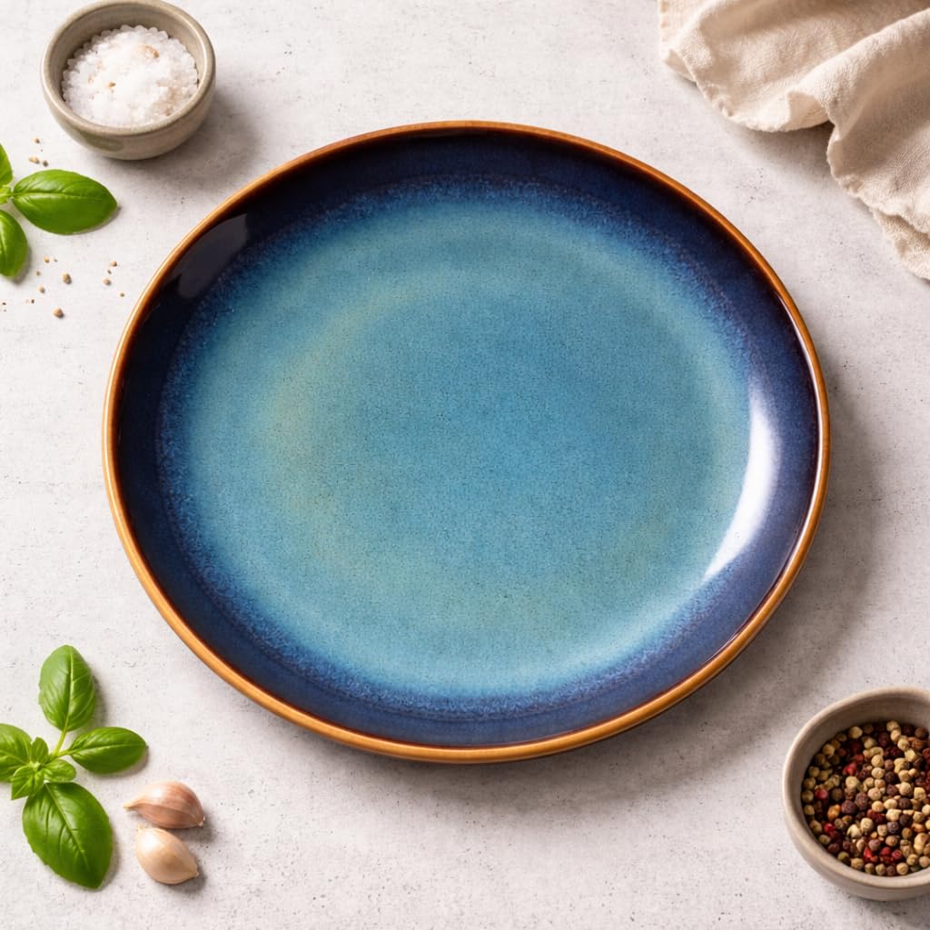 Kunhar Ceramic Dinner Plate 10 Inch | Blue Green Rustic Glaze with Dark Brown Rim | Premium Stoneware | Microwave & Dishwasher Safe, Pack of 1 - Image 2