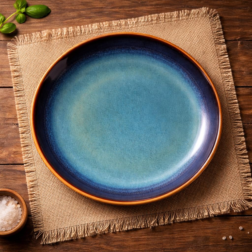 Kunhar Ceramic Dinner Plate 10 Inch | Blue Green Rustic Glaze with Dark Brown Rim | Premium Stoneware | Microwave & Dishwasher Safe, Pack of 1 - Image 3