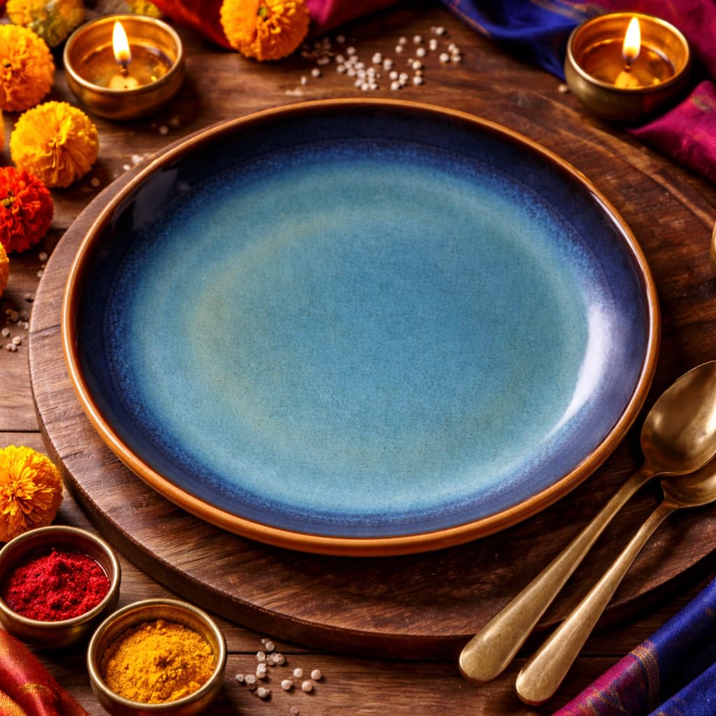 Kunhar Ceramic Dinner Plate 10 Inch | Blue Green Rustic Glaze with Dark Brown Rim | Premium Stoneware | Microwave & Dishwasher Safe, Pack of 1 - Image 4