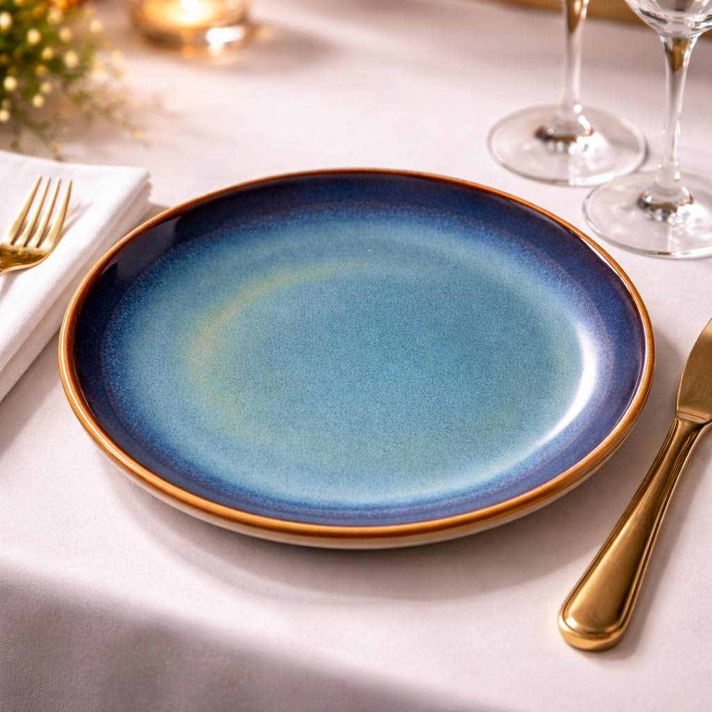 Kunhar Ceramic Dinner Plate 10 Inch | Blue Green Rustic Glaze with Dark Brown Rim | Premium Stoneware | Microwave & Dishwasher Safe, Pack of 1 - Image 5