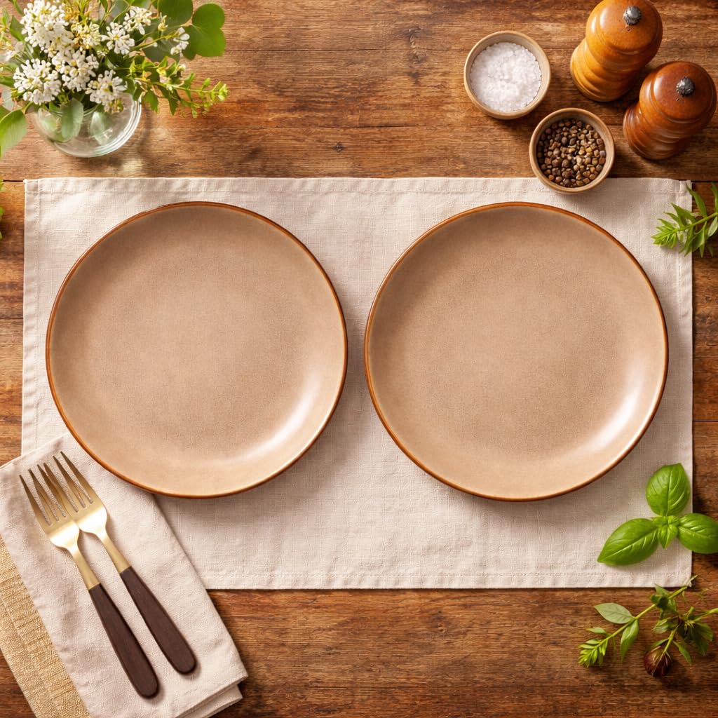 Kunhar Ceramic Quarter Plates Set of 2, 7 Inch | Rustic Ivory Speckled Finish with Brown Rim | Premium Glazed Stoneware | Microwave & Dishwasher Safe