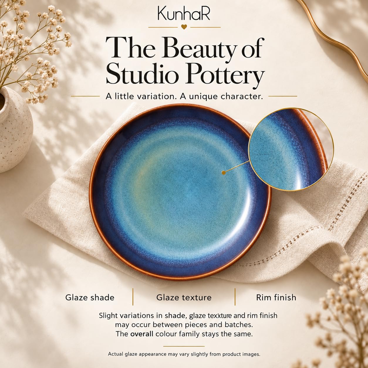 Kunhar Ceramic Quarter Plates Set of 2, 7 Inch | Blue Green Rustic Glaze with Dark Brown Rim | Premium Glazed Stoneware | Microwave & Dishwasher Safe - Image 9