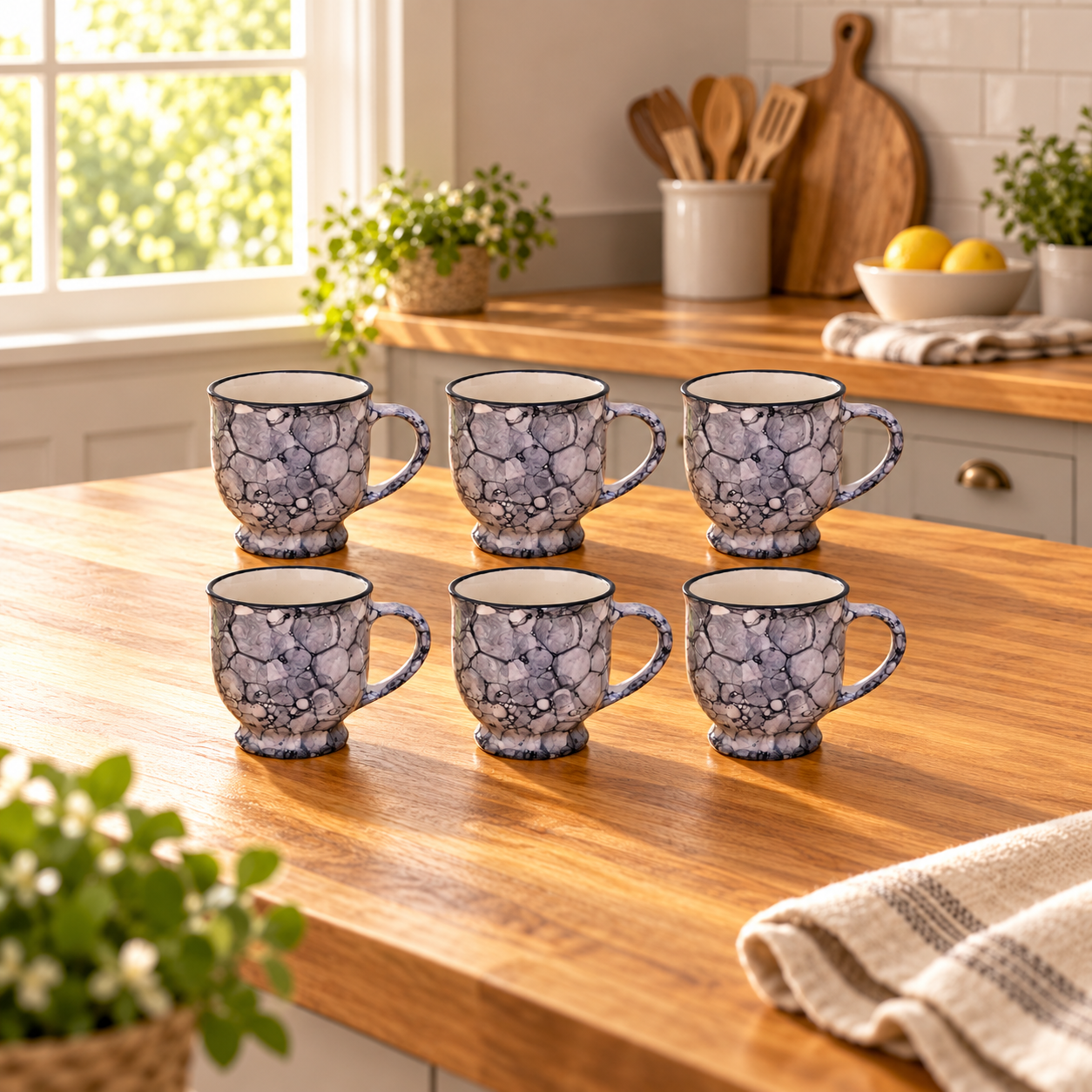 KunhaR Ceramic Tea Cup - 160 ml, 6 Pieces, Blue Luster