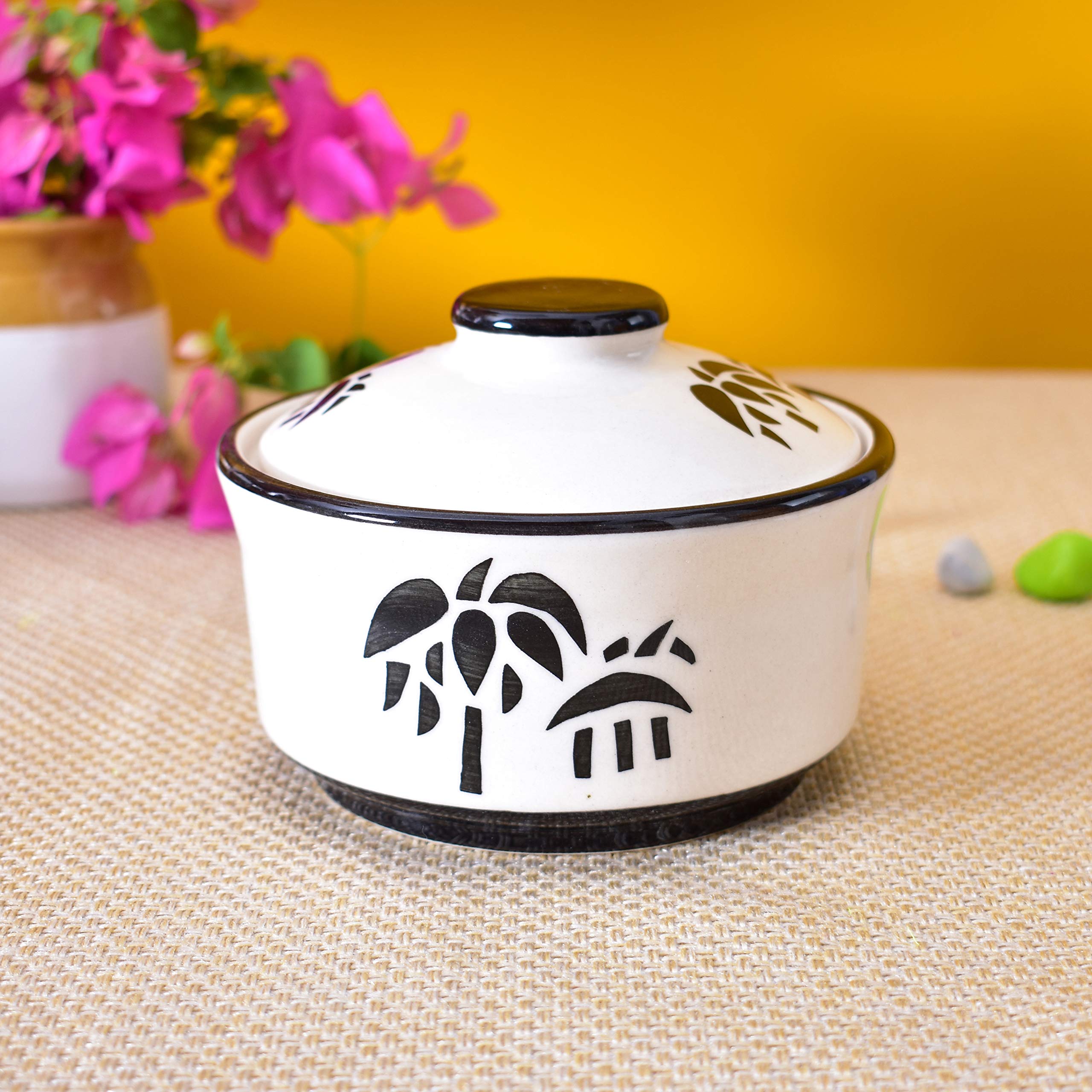 KunhaR Multipurpose Ceramic Donga – White Palm Tree | 450 ML Lidded Serving Donga | Microwave & Dishwasher Safe | Ideal for Gravy, Dal, Curry & More — Amazon product image