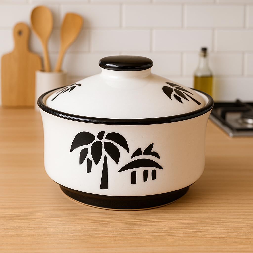 KunhaR Multipurpose Ceramic Donga – White Palm Tree | 450 ML Lidded Serving Donga | Microwave & Dishwasher Safe | Ideal for Gravy, Dal, Curry & More