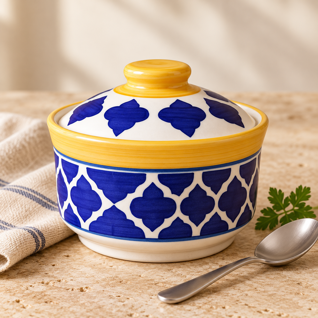 KunhaR Multipurpose Ceramic Donga – Yellow Blue | 450 ml Lidded Serving Donga | Microwave & Dishwasher Safe | Ideal for Gravy, Dal, Curry & More