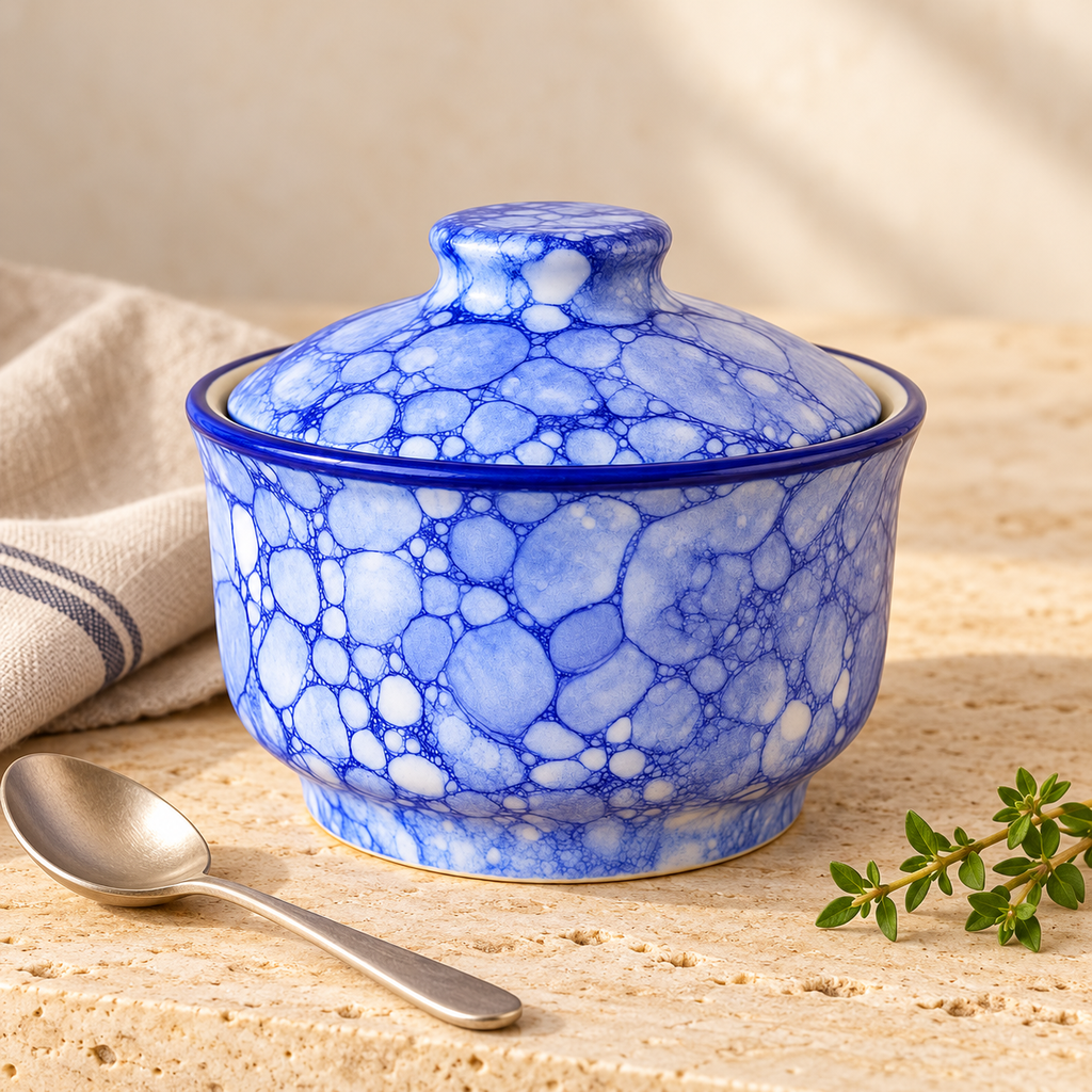 KunhaR Multipurpose Ceramic Donga – Blue Luster | 450 ml Lidded Serving Donga | Microwave & Dishwasher Safe | Ideal for Gravy, Dal, Curry & More