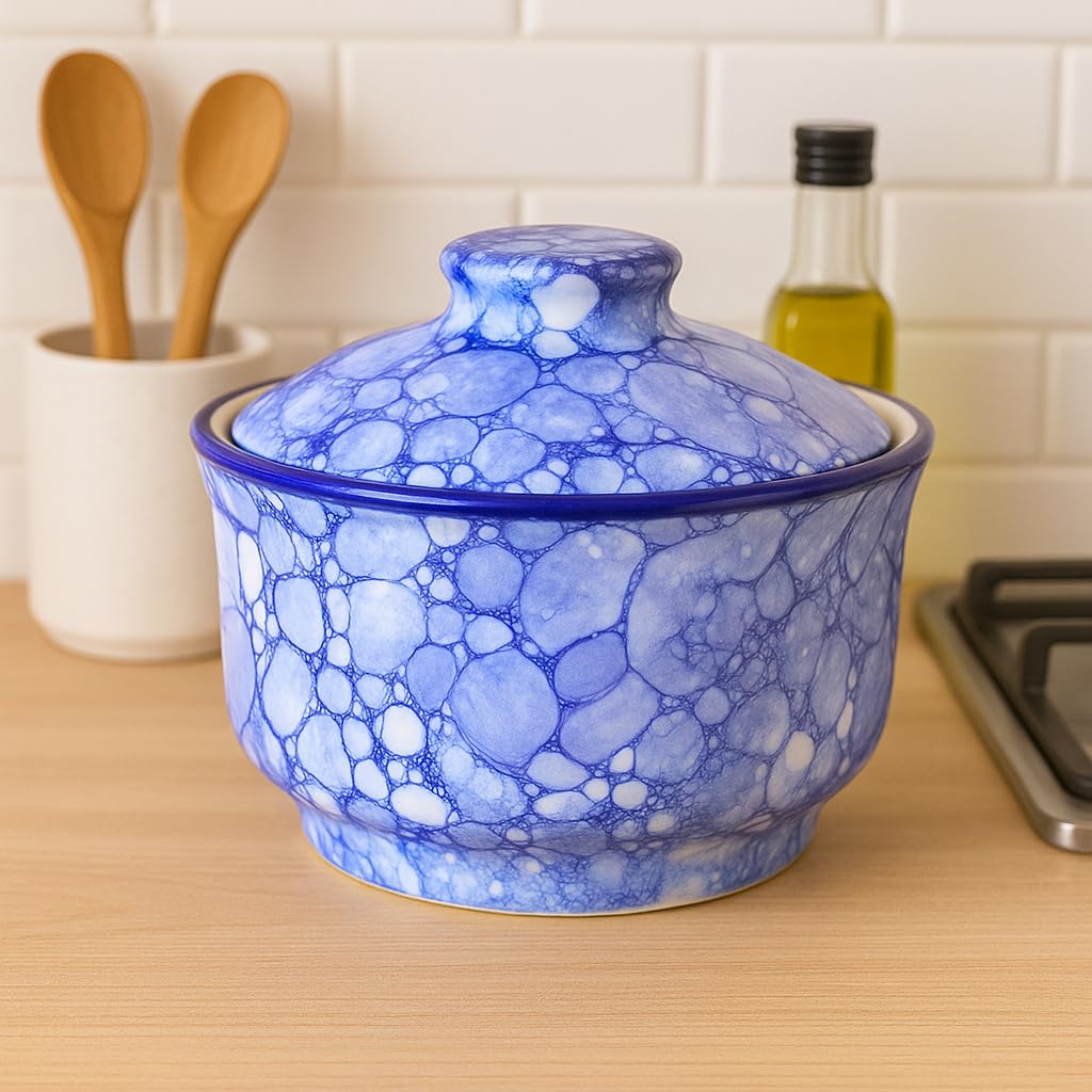 Kunhar Multipurpose Ceramic Donga – Blue Luster | 450 ML Lidded Serving Donga | Microwave & Dishwasher Safe | Ideal for Gravy, Dal, Curry & More — Amazon product image