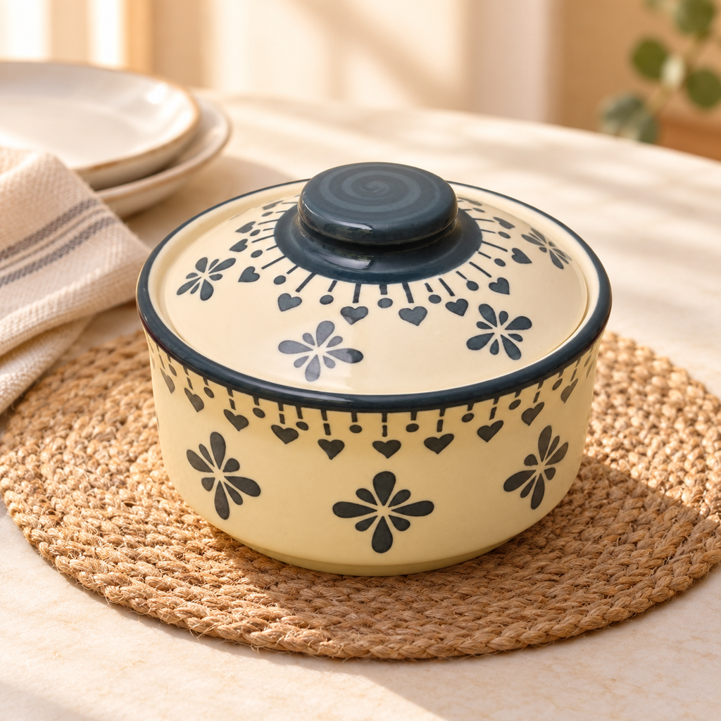 KunhaR Multipurpose Ceramic Donga – White Grey Flower | 450 ml Lidded Serving Donga | Microwave & Dishwasher Safe | Ideal for Gravy, Dal, Curry & More