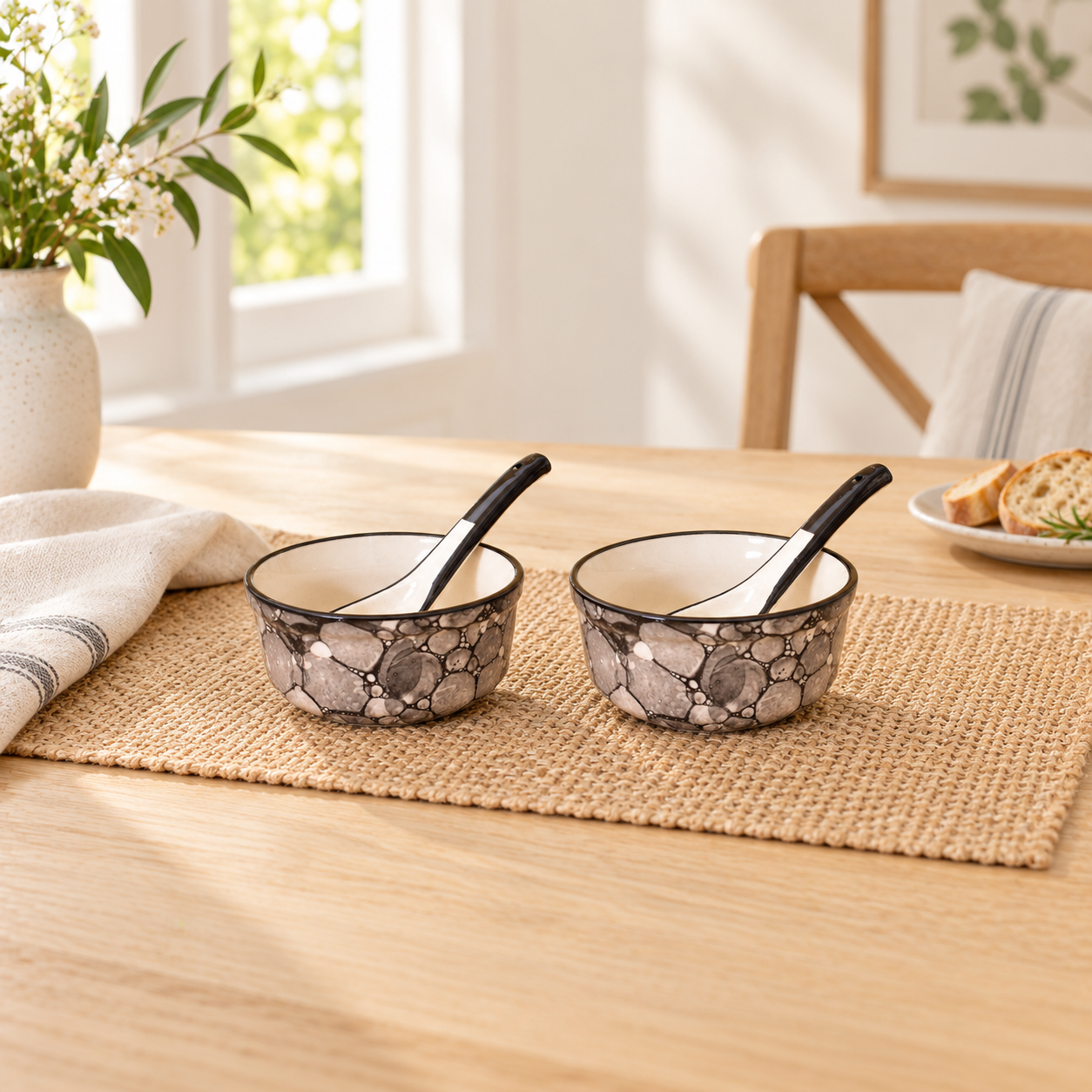 KunhaR Ceramic Serving Bowls – 260 ML, 2 Pieces with 2 Spoon, Black Luster