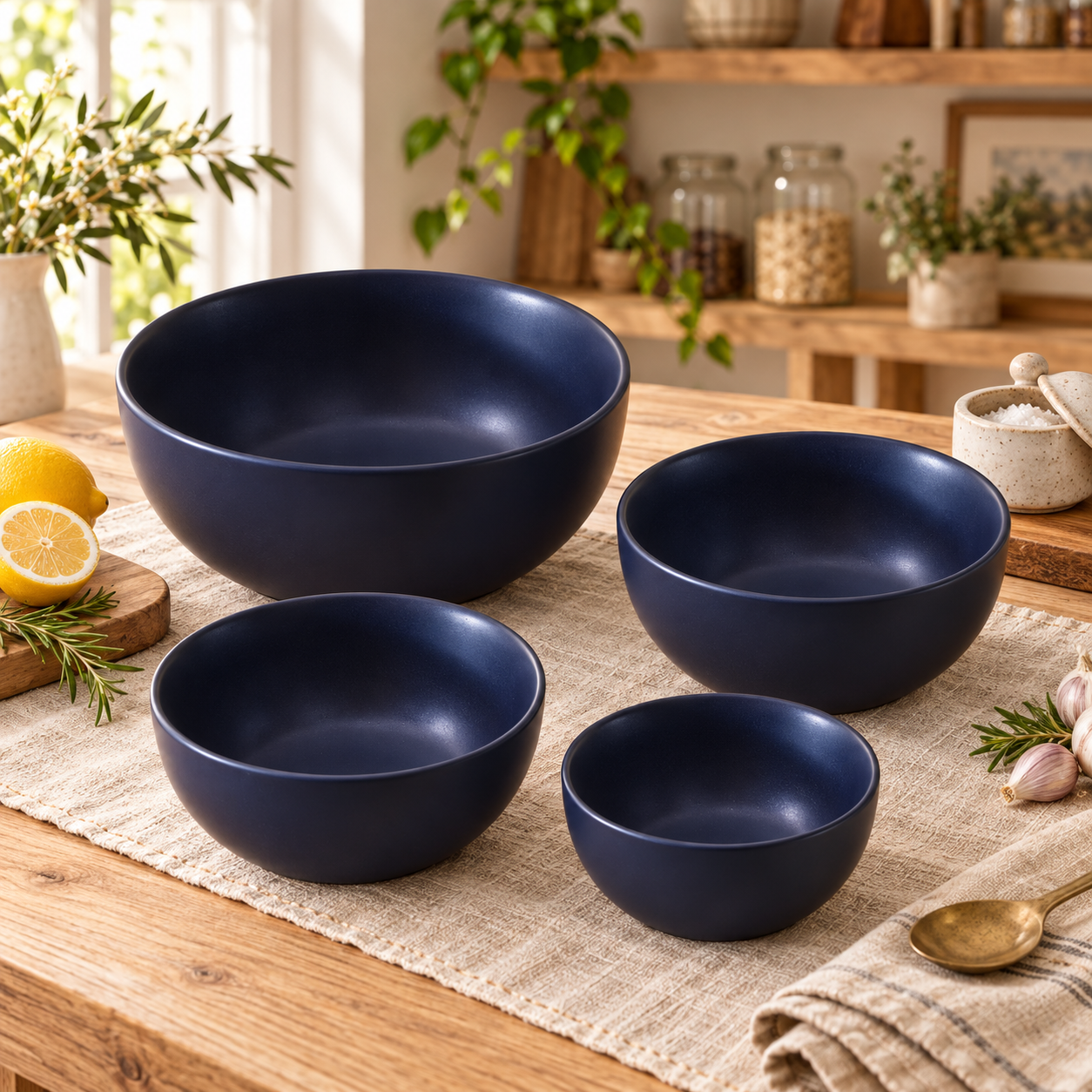 KunhaR Ceramic Mixing Bowl Set, 1500 ml, 800 ml, 600 ml & 400 ml, Black | Set of 4 Nesting Bowls for Mixing, Serving, Salad, Pasta, Snacks & Kitchen Prep