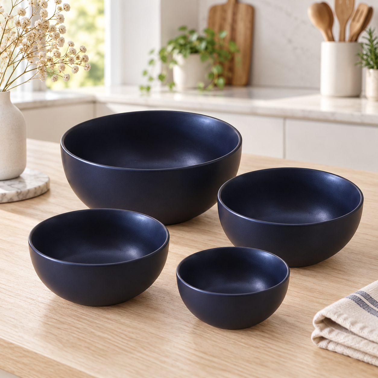 KunhaR Ceramic Mixing Bowl Set, 1500 ml, 800 ml, 600 ml & 400 ml, Black | Set of 4 Nesting Bowls for Mixing, Serving, Salad, Pasta, Snacks & Kitchen Prep