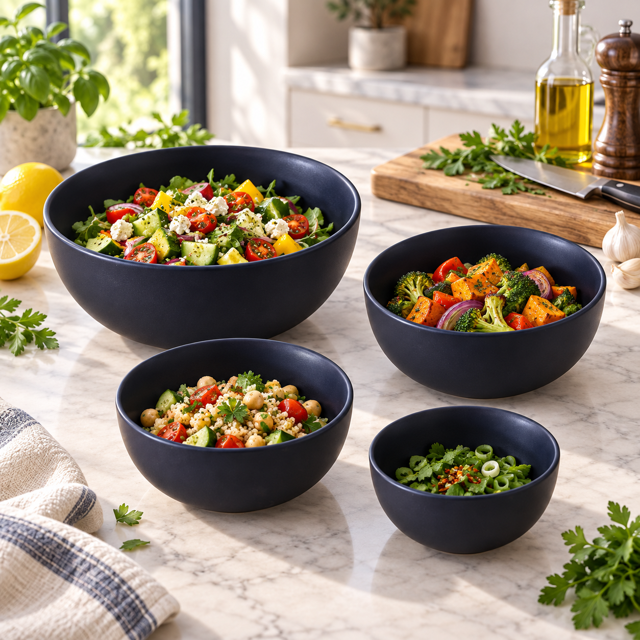 KunhaR Ceramic Mixing Bowl Set, 1500 ml, 800 ml, 600 ml & 400 ml, Black | Set of 4 Nesting Bowls for Mixing, Serving, Salad, Pasta, Snacks & Kitchen Prep