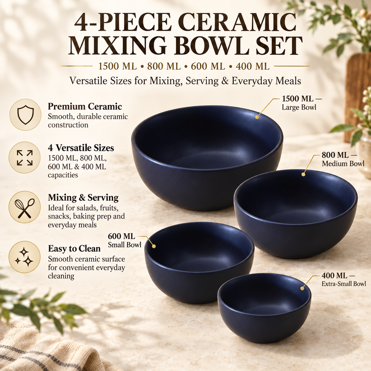 KunhaR Ceramic Mixing Bowl Set, 1500 ml, 800 ml, 600 ml & 400 ml, Black | Set of 4 Nesting Bowls for Mixing, Serving, Salad, Pasta, Snacks & Kitchen Prep