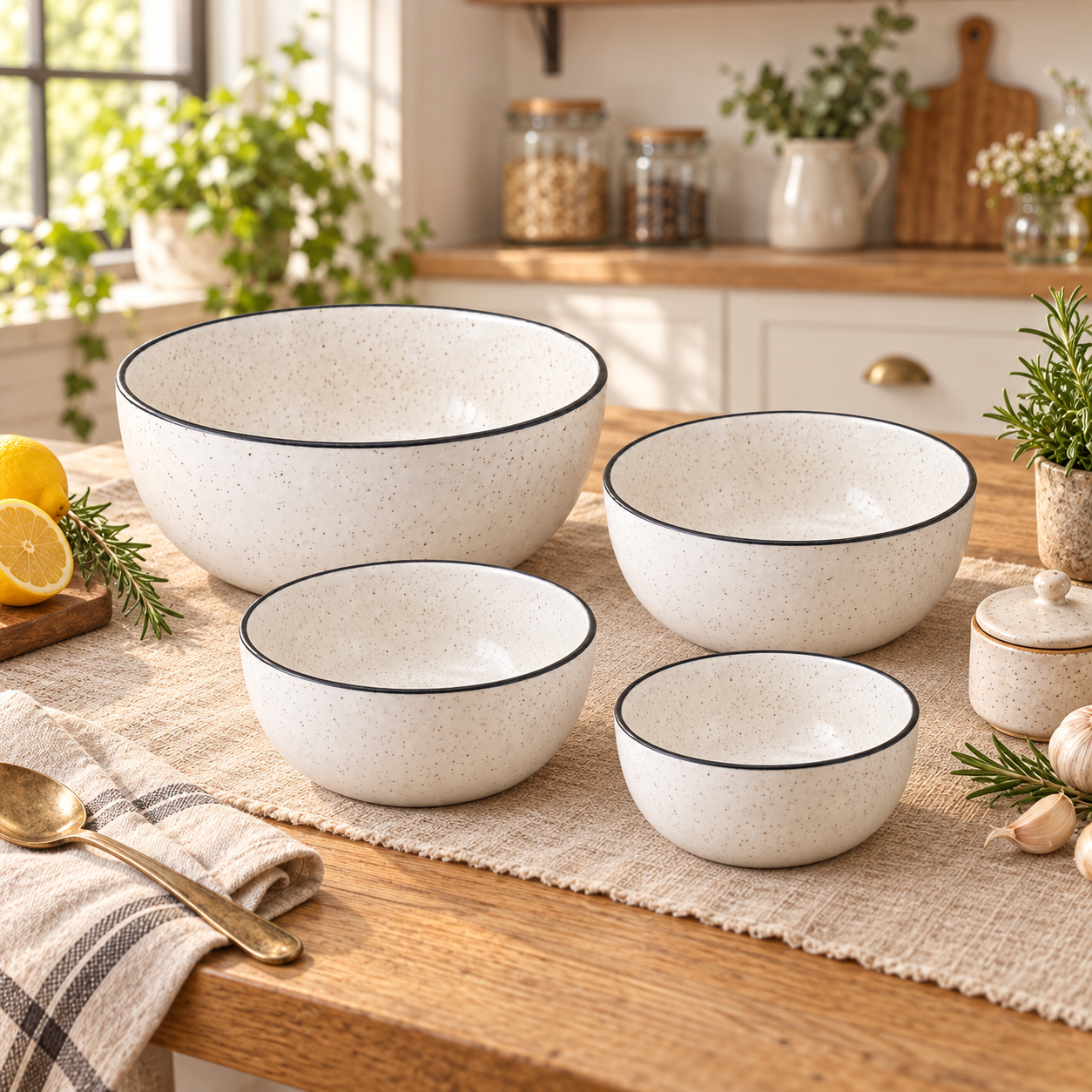 KunhaR Ceramic Mixing Bowl Set, 1500 ml, 800 ml, 600 ml & 400 ml, White Matt Black Border | Set of 4 Nesting Bowls for Mixing, Serving, Salad, Pasta, Snacks & Kitchen Prep