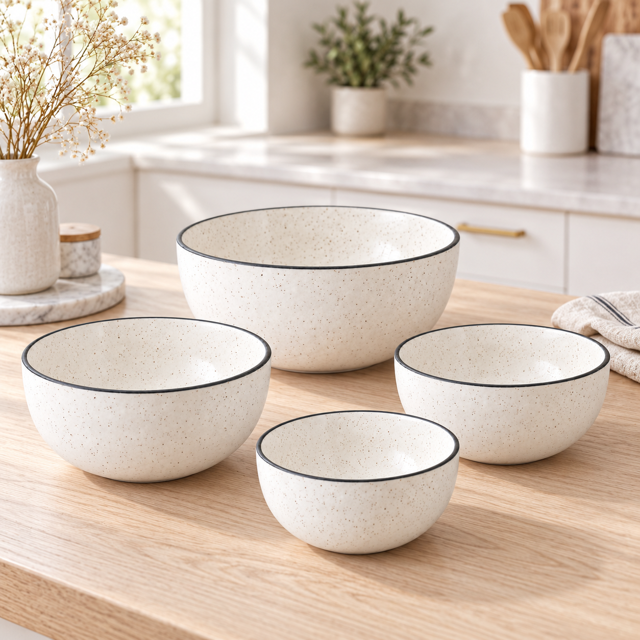 KunhaR Ceramic Mixing Bowl Set, 1500 ml, 800 ml, 600 ml & 400 ml, White Matt Black Border | Set of 4 Nesting Bowls for Mixing, Serving, Salad, Pasta, Snacks & Kitchen Prep