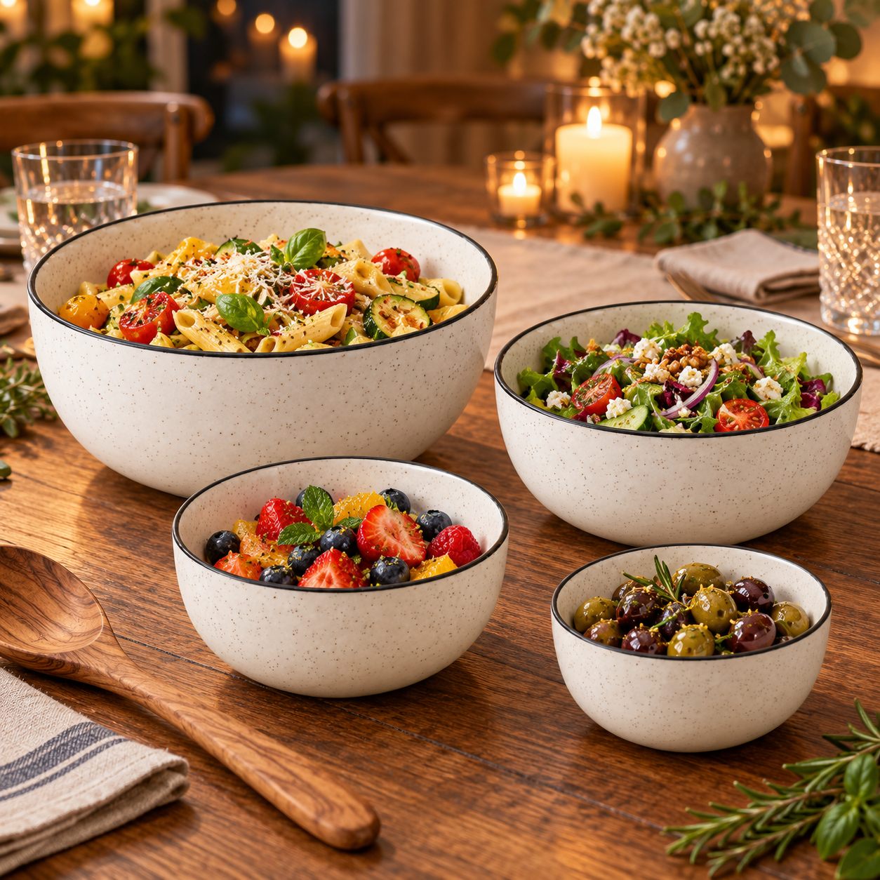 KunhaR Ceramic Mixing Bowl Set, 1500 ml, 800 ml, 600 ml & 400 ml, White Matt Black Border | Set of 4 Nesting Bowls for Mixing, Serving, Salad, Pasta, Snacks & Kitchen Prep