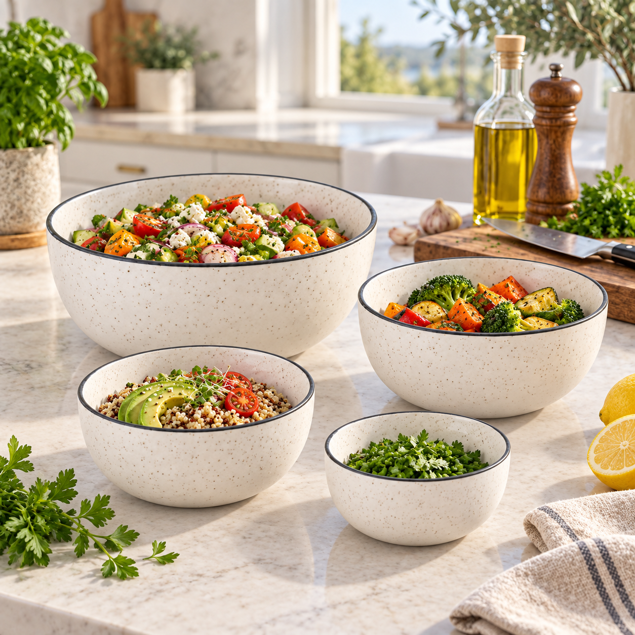 KunhaR Ceramic Mixing Bowl Set, 1500 ml, 800 ml, 600 ml & 400 ml, White Matt Black Border | Set of 4 Nesting Bowls for Mixing, Serving, Salad, Pasta, Snacks & Kitchen Prep