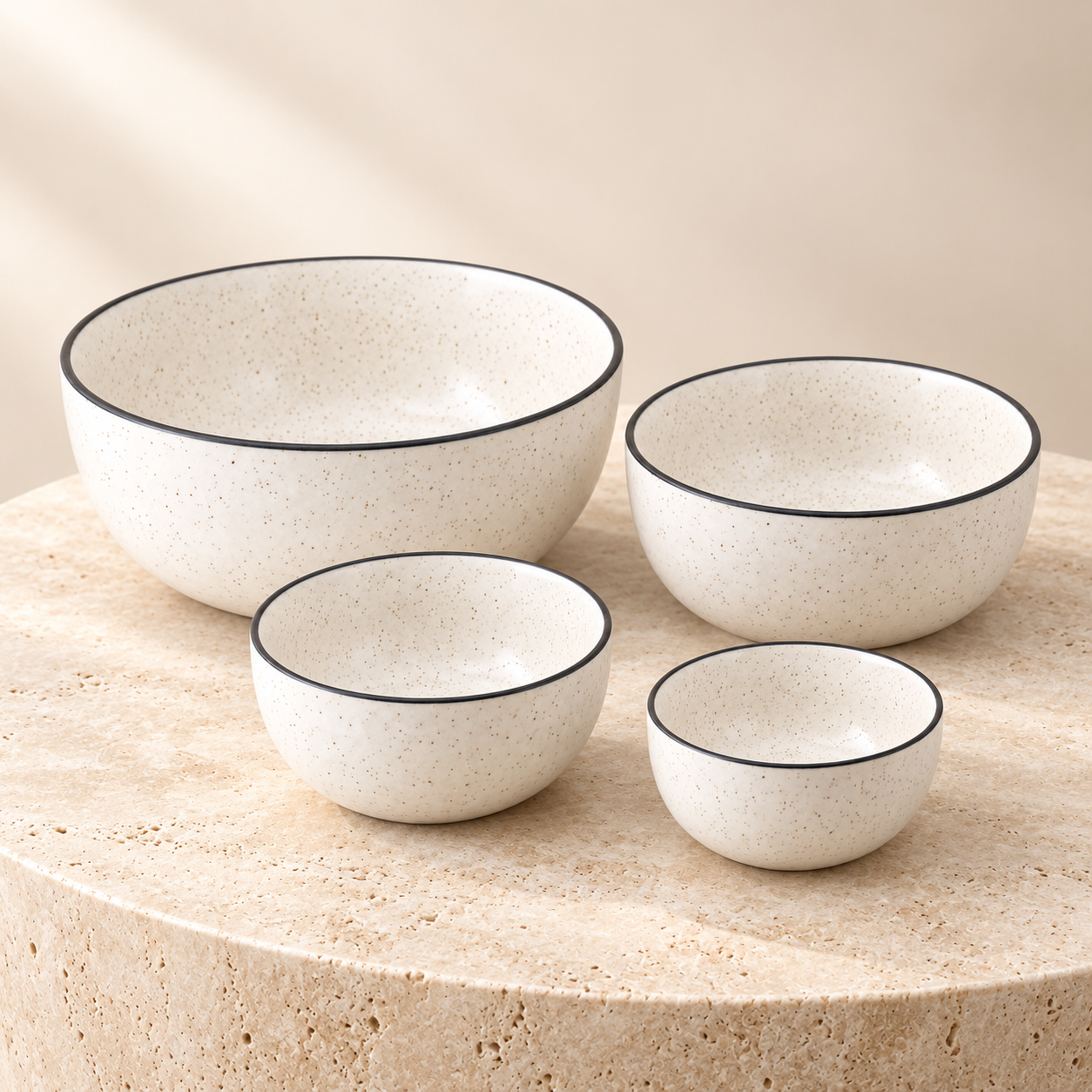 KunhaR Ceramic Mixing Bowl Set, 1500 ml, 800 ml, 600 ml & 400 ml, White Matt Black Border | Set of 4 Nesting Bowls for Mixing, Serving, Salad, Pasta, Snacks & Kitchen Prep