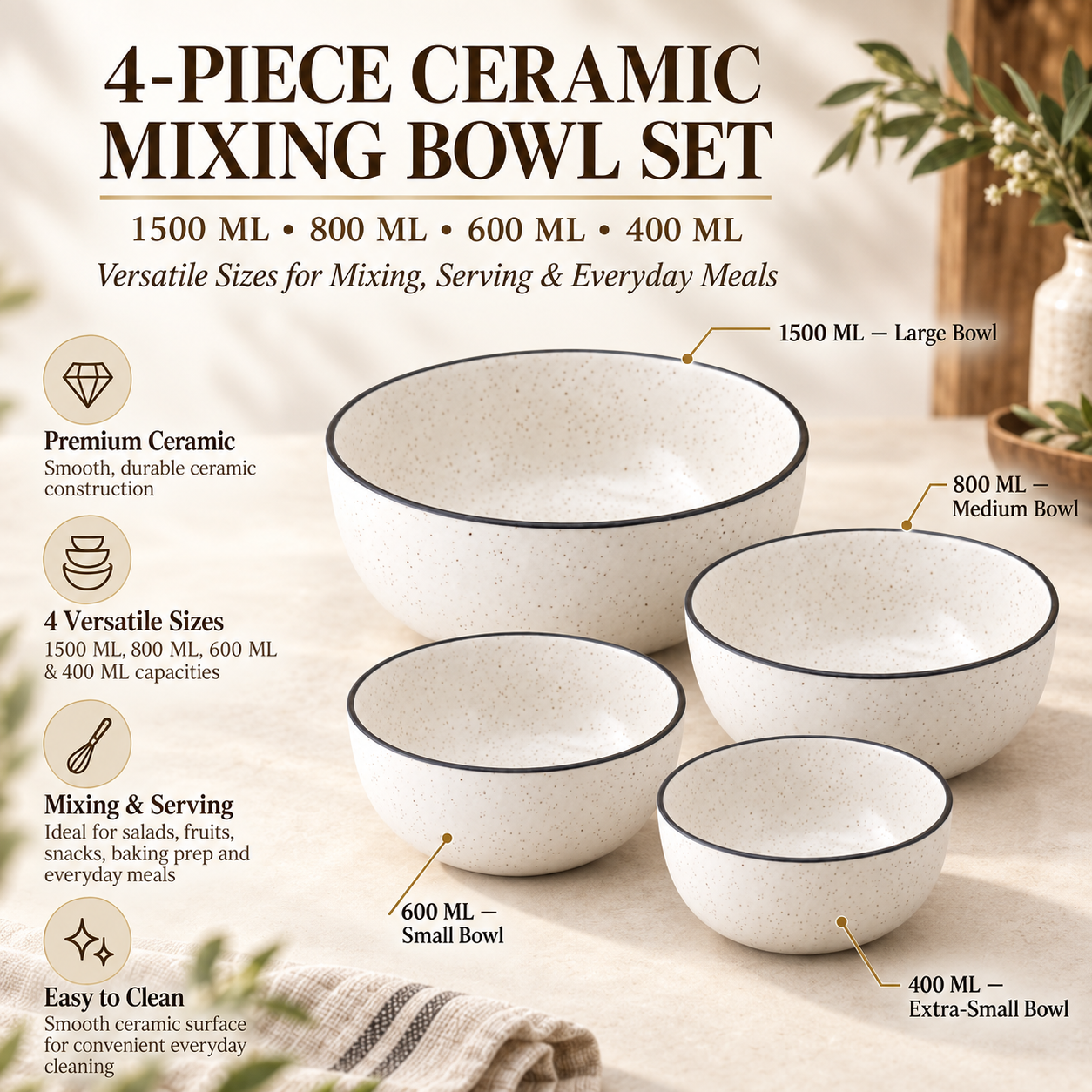 KunhaR Ceramic Mixing Bowl Set, 1500 ml, 800 ml, 600 ml & 400 ml, White Matt Black Border | Set of 4 Nesting Bowls for Mixing, Serving, Salad, Pasta, Snacks & Kitchen Prep