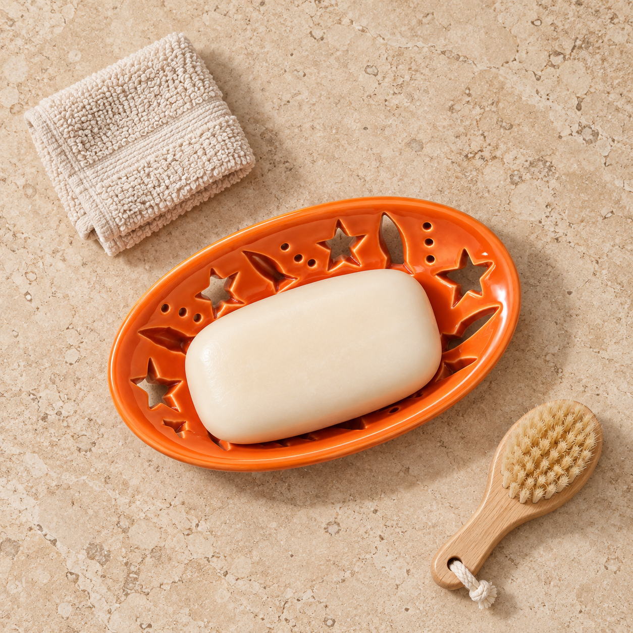 KunhaR Ceramic Soap Dish Holder, Orange | Draining Soap Tray for Bathroom, Kitchen Sink & Wash Basin, 1 Piece