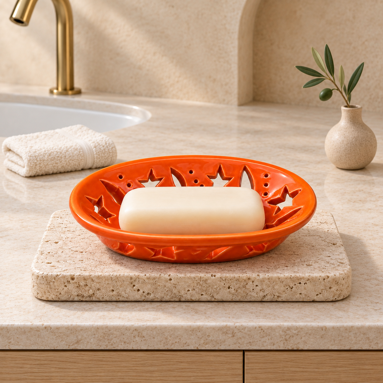 KunhaR Ceramic Soap Dish Holder, Orange | Draining Soap Tray for Bathroom, Kitchen Sink & Wash Basin, 1 Piece - Image 2