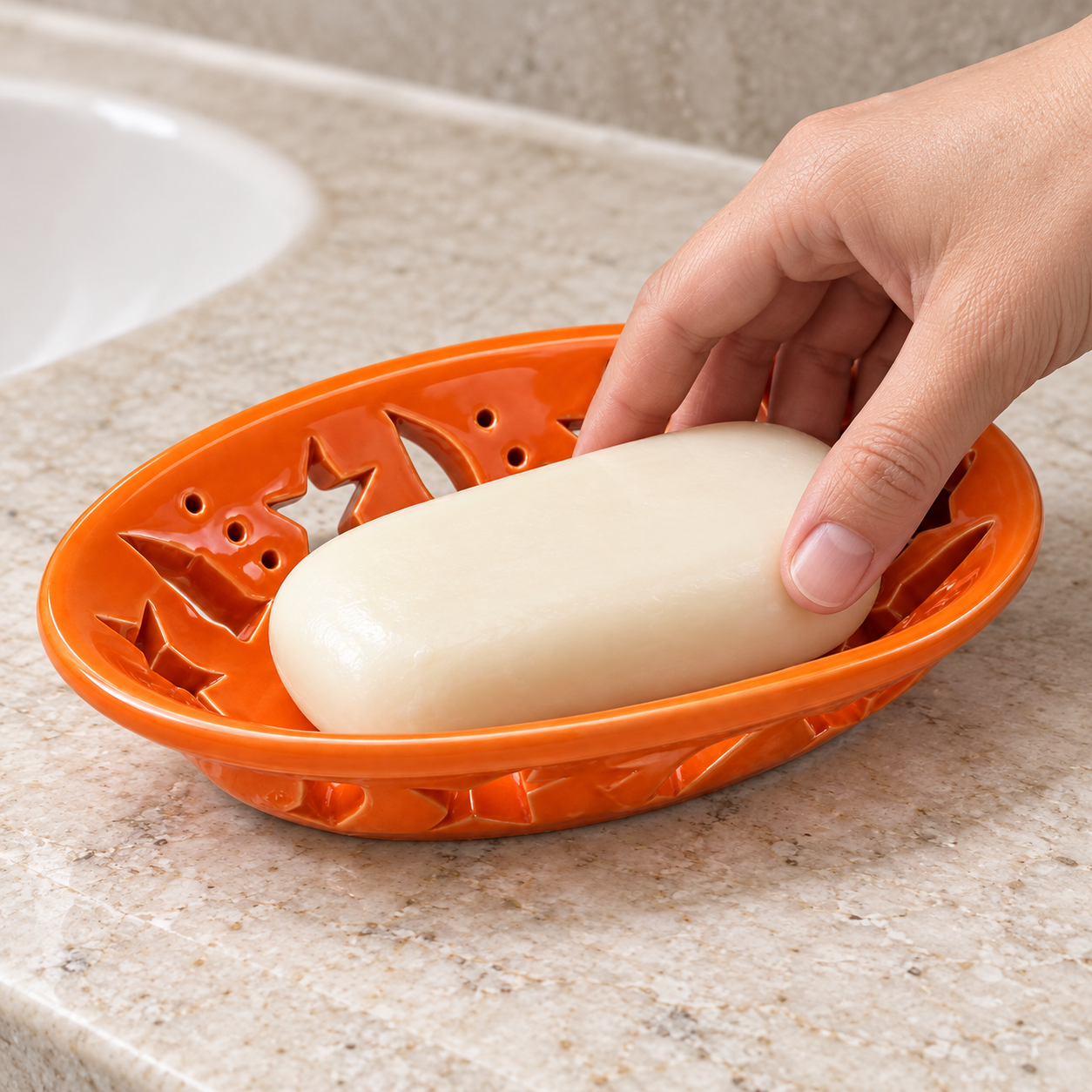 KunhaR Ceramic Soap Dish Holder, Orange | Draining Soap Tray for Bathroom, Kitchen Sink & Wash Basin, 1 Piece - Image 3