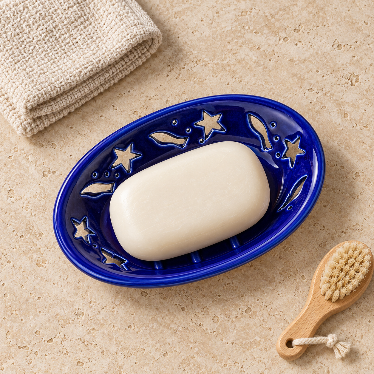 KunhaR Ceramic Soap Dish Holder, Blue | Draining Soap Tray for Bathroom, Kitchen Sink & Wash Basin, 1 Piece