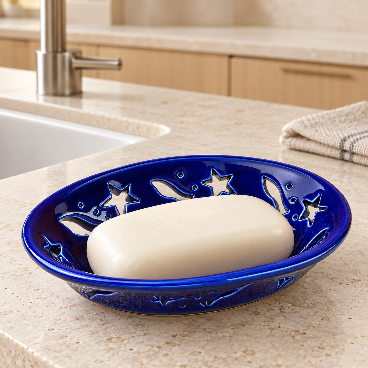 KunhaR Ceramic Soap Dish Holder, Blue | Draining Soap Tray for Bathroom, Kitchen Sink & Wash Basin, 1 Piece - Image 2