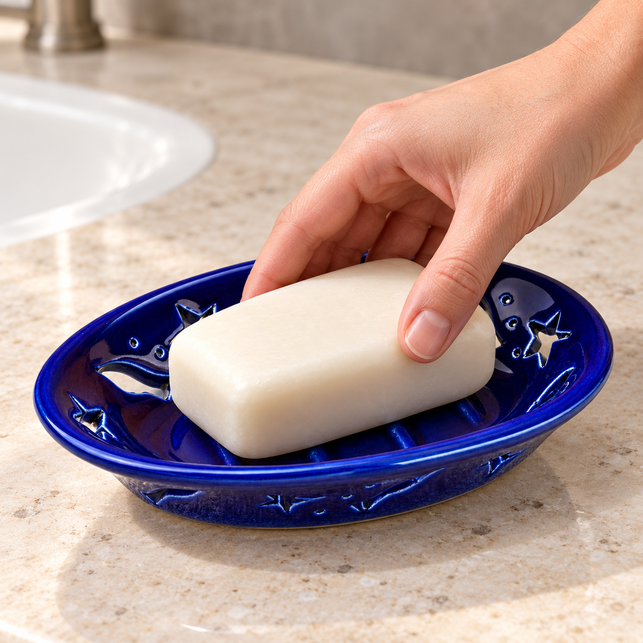 KunhaR Ceramic Soap Dish Holder, Blue | Draining Soap Tray for Bathroom, Kitchen Sink & Wash Basin, 1 Piece - Image 5