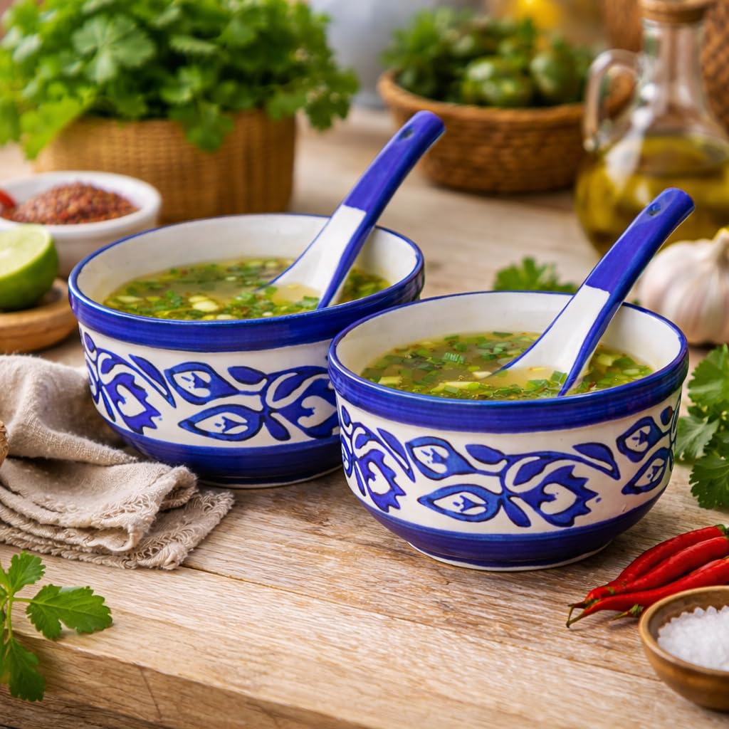 Kunhar Ceramic Serving Bowls – 260 ML, 2 Pieces with 2 Spoon, Blue Luster - Image 2