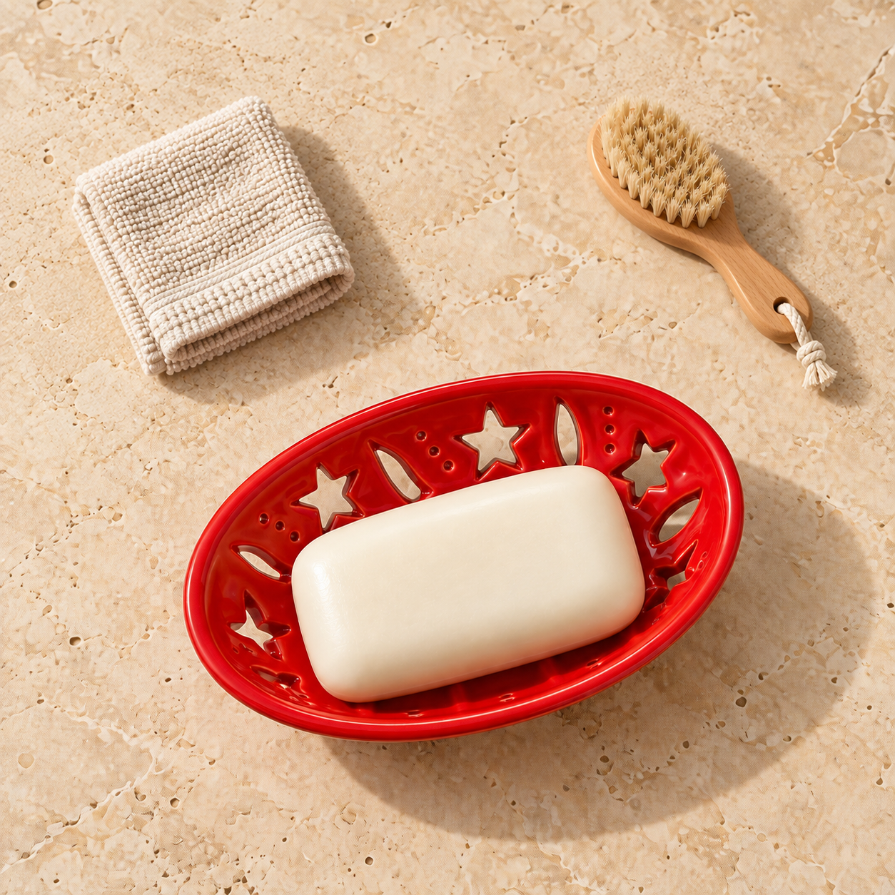KunhaR Ceramic Soap Dish Holder, Red | Draining Soap Tray for Bathroom, Kitchen Sink & Wash Basin, 1 Piece