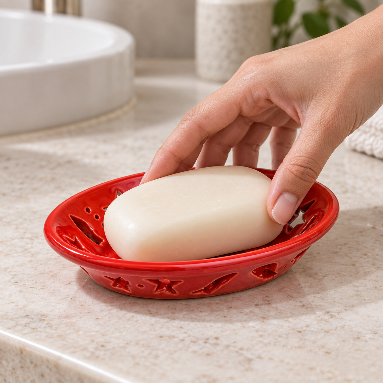 KunhaR Ceramic Soap Dish Holder, Red | Draining Soap Tray for Bathroom, Kitchen Sink & Wash Basin, 1 Piece - Image 2