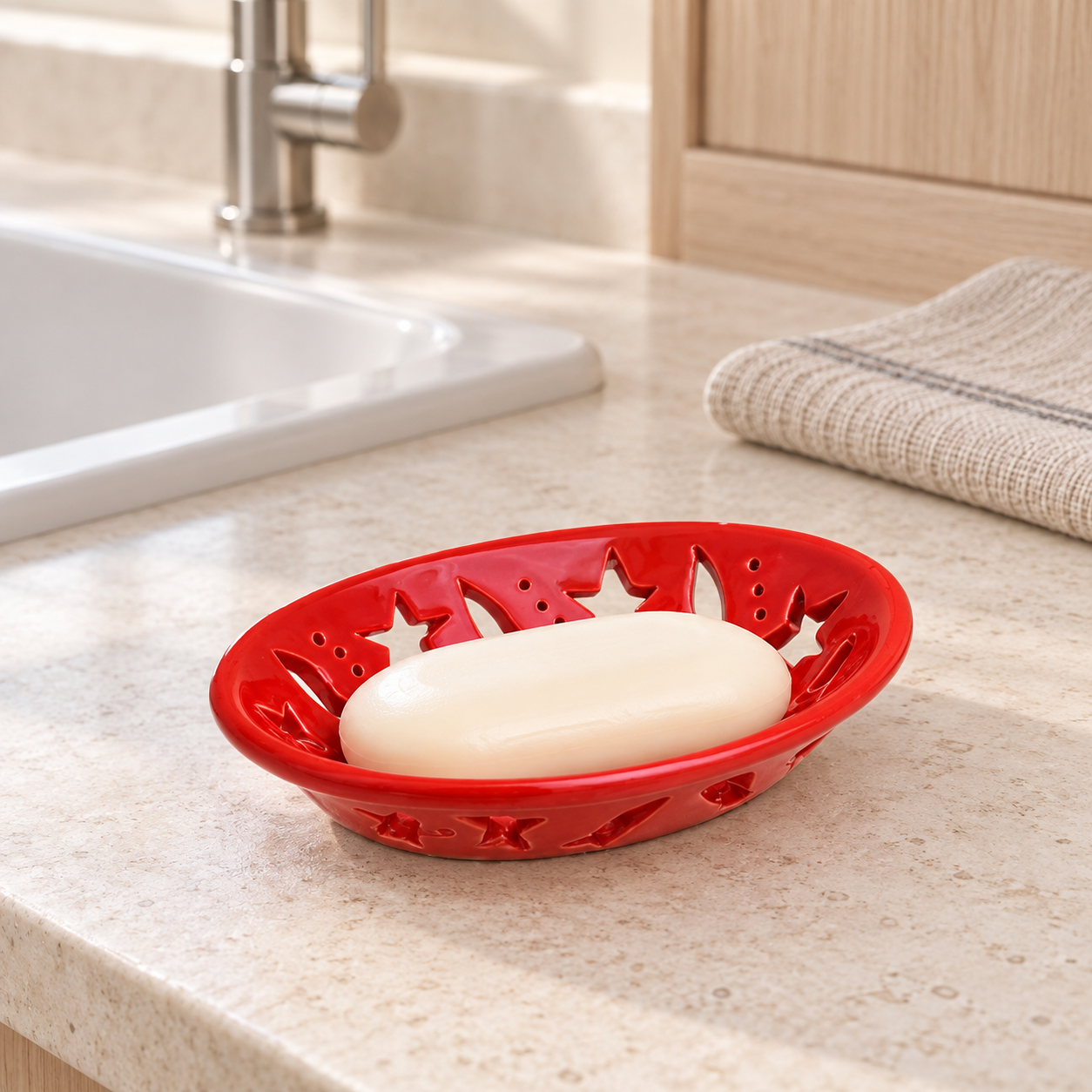 KunhaR Ceramic Soap Dish Holder, Red | Draining Soap Tray for Bathroom, Kitchen Sink & Wash Basin, 1 Piece - Image 3