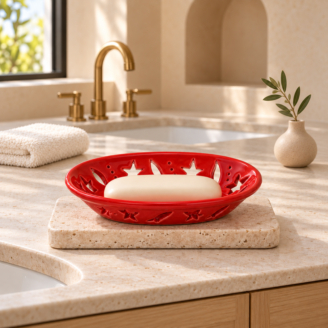 KunhaR Ceramic Soap Dish Holder, Red | Draining Soap Tray for Bathroom, Kitchen Sink & Wash Basin, 1 Piece - Image 4
