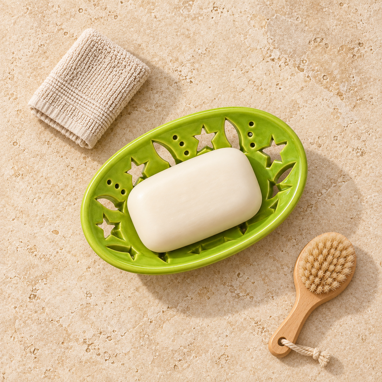 KunhaR Ceramic Soap Dish Holder, Green | Draining Soap Tray for Bathroom, Kitchen Sink & Wash Basin, 1 Piece