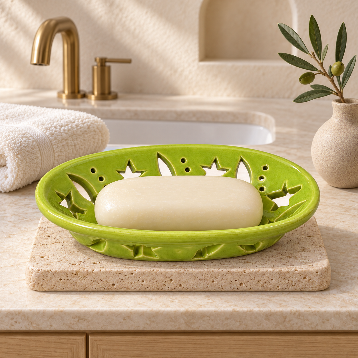 KunhaR Ceramic Soap Dish Holder, Green | Draining Soap Tray for Bathroom, Kitchen Sink & Wash Basin, 1 Piece - Image 2