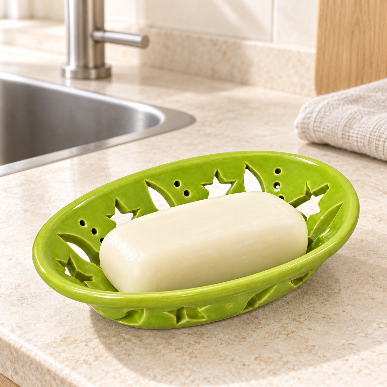 KunhaR Ceramic Soap Dish Holder, Green | Draining Soap Tray for Bathroom, Kitchen Sink & Wash Basin, 1 Piece - Image 3