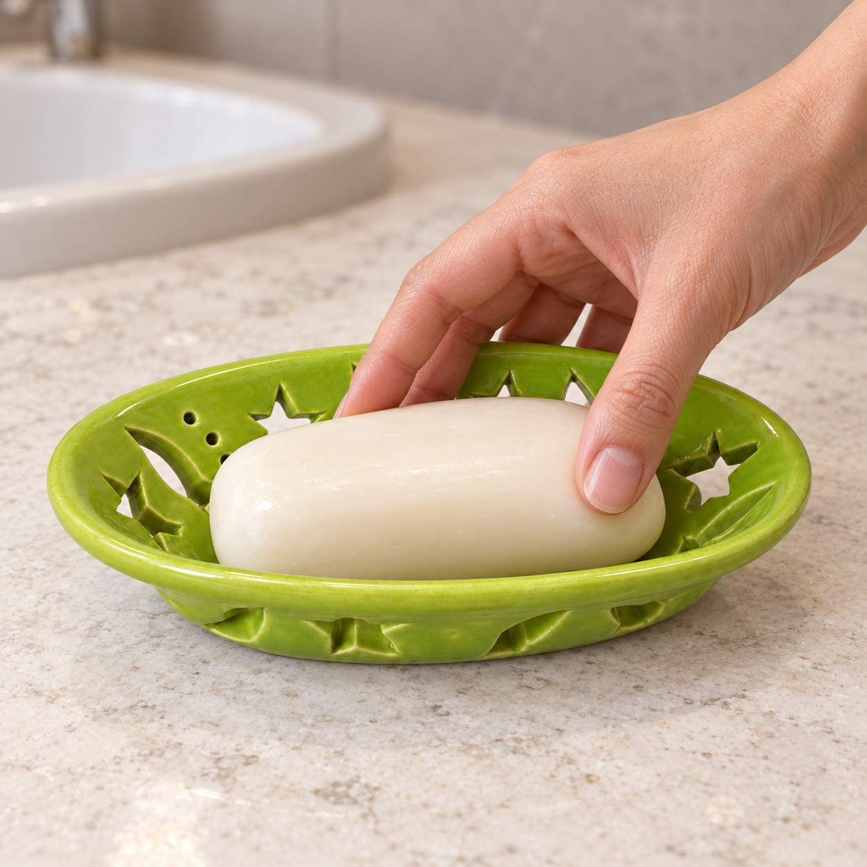KunhaR Ceramic Soap Dish Holder, Green | Draining Soap Tray for Bathroom, Kitchen Sink & Wash Basin, 1 Piece - Image 4