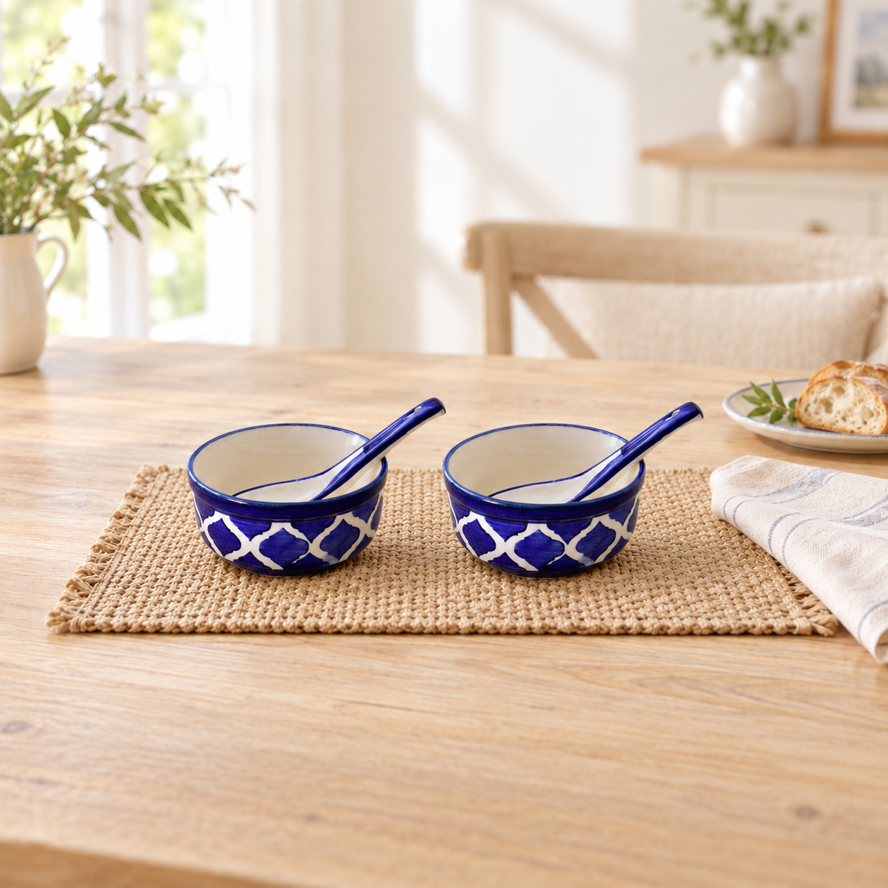 Kunhar Ceramic Serving Bowls – 260 ML, 2 Pieces with 2 Spoon, Blue Chidi