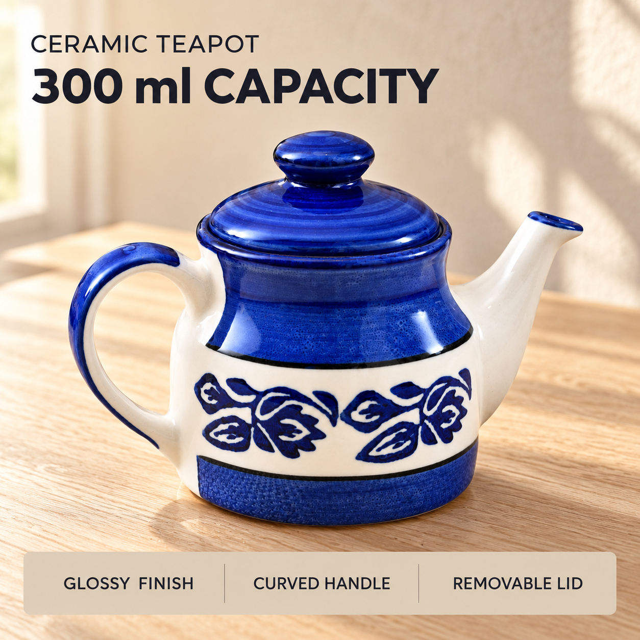 KunhaR Ceramic Teapot with Lid, 300 ml, Blue | Tea & Coffee Serving Pot for Kitchen, Dining & Gifting, 1 Piece - Image 6