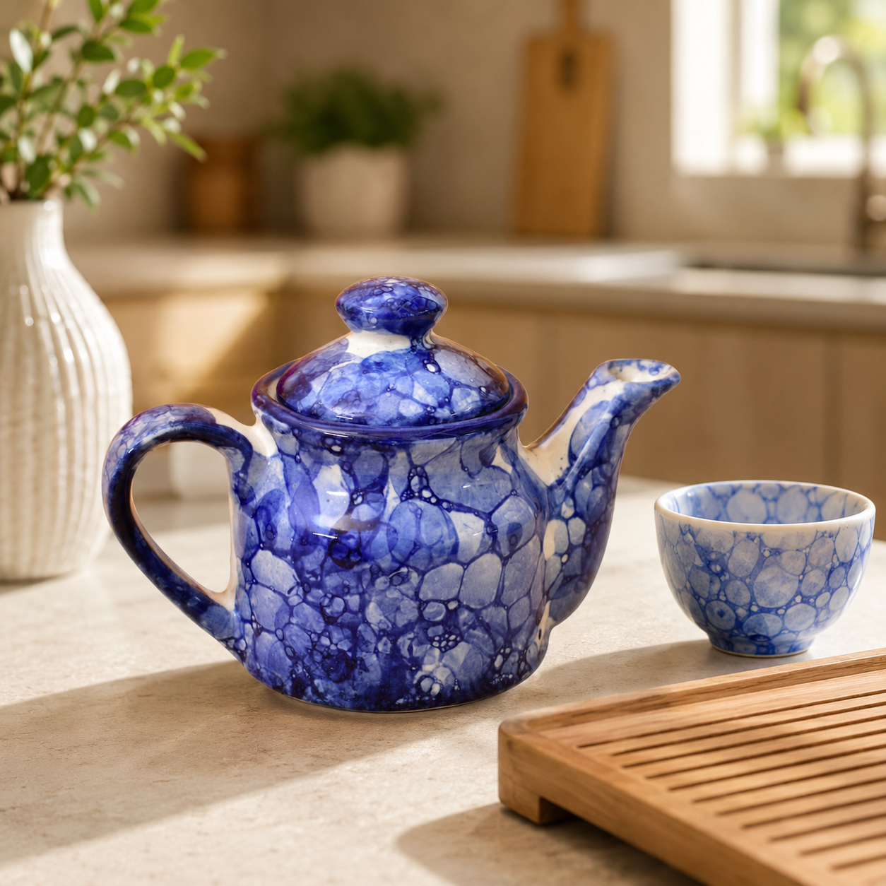 KunhaR Ceramic Teapot with Lid, 650 ml, Blue Luster | Tea & Coffee Serving Pot for Kitchen & Dining, 1 Piece