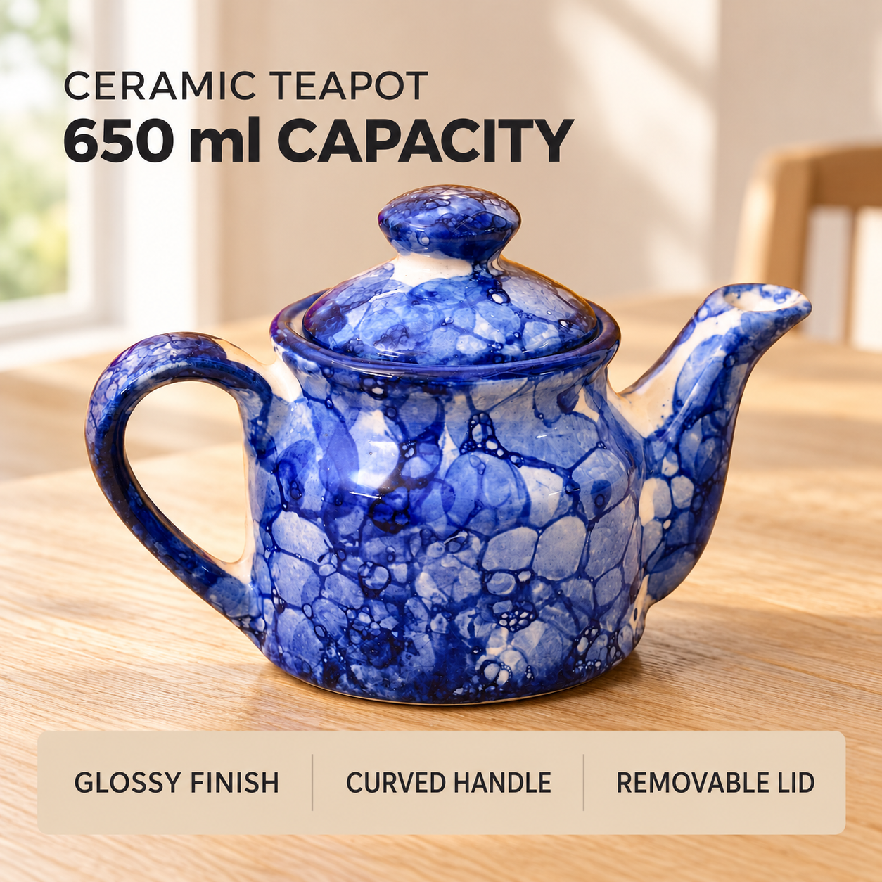 KunhaR Ceramic Teapot with Lid, 650 ml, Blue Luster | Tea & Coffee Serving Pot for Kitchen & Dining, 1 Piece - Image 6