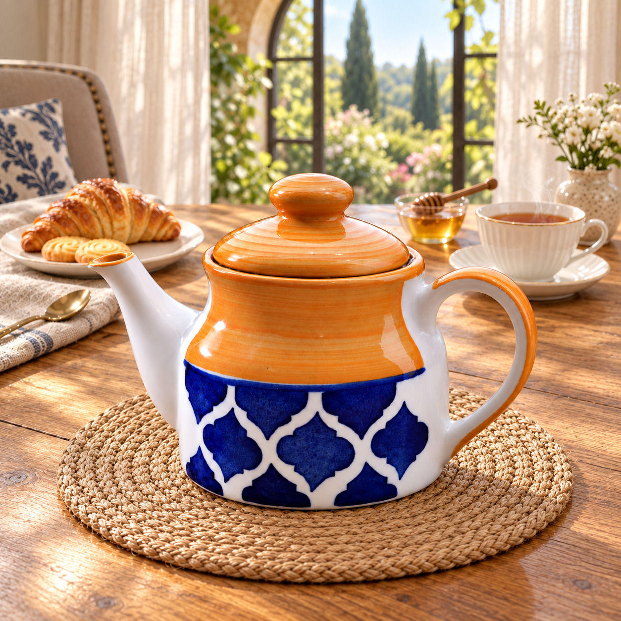 KunhaR Ceramic Teapot with Lid, 650 ml, Yellow Blue | Tea & Coffee Serving Pot for Kitchen & Dining, 1 Piece