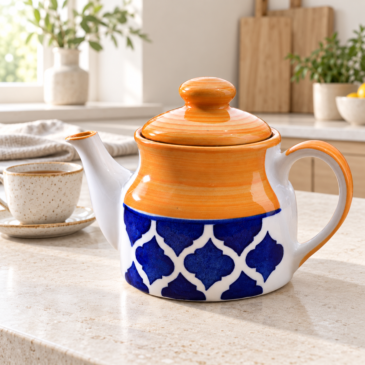 KunhaR Ceramic Teapot with Lid, 650 ml, Yellow Blue | Tea & Coffee Serving Pot for Kitchen & Dining, 1 Piece - Image 3
