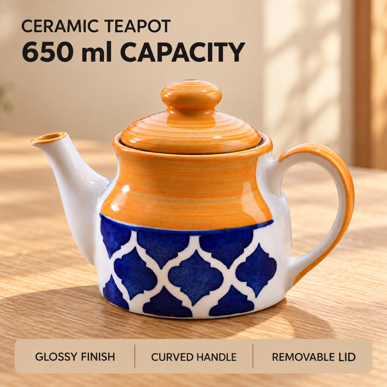 KunhaR Ceramic Teapot with Lid, 650 ml, Yellow Blue | Tea & Coffee Serving Pot for Kitchen & Dining, 1 Piece - Image 6